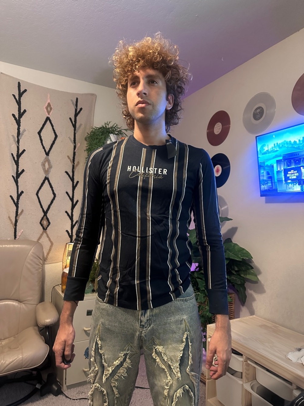 Hollister Navy Blue Long Sleeve Striped Logo Tee